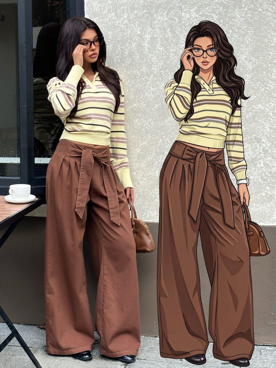 Rivivi Petite Women's Street Fashion Lace-Up Ruched Loose Denim Long Pants - Brown - View 1