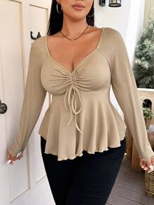 Vionelle Diamond Neckline Front Drawstring Ribbed Plus Size Long Sleeve T-Shirt - Apricot - View 3