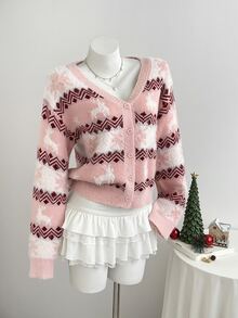 Elamini Minimalist Christmas Women's Autumn/Winter Pink Long Sleeve Slim Fit Knit Cardigan Sweater Top - Pink - View 5