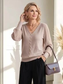 Women's Elegant V-Neck Long Sleeve Faux Pearl Design Top - Khaki - View 3