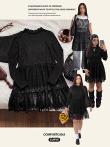 Comfortcana Plus Size Autumn/Winter Lace Camisole Dress & High Neck Cotton T-Shirt Black Set - Black - View 10