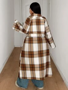 Maweii Jaket Wanita Plus Size Kasual Minimalis Gaya Street Nyaman untuk Komuter Musim Gugur Motif Kotak Kancing Longgar Panjang dengan Tali Pinggang - Khaki - View 2
