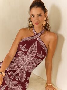 CAJUNI 女款花卉刺繡印花修身優雅時尚掛脖長洋裝 - 酒紅色 - 查看 5