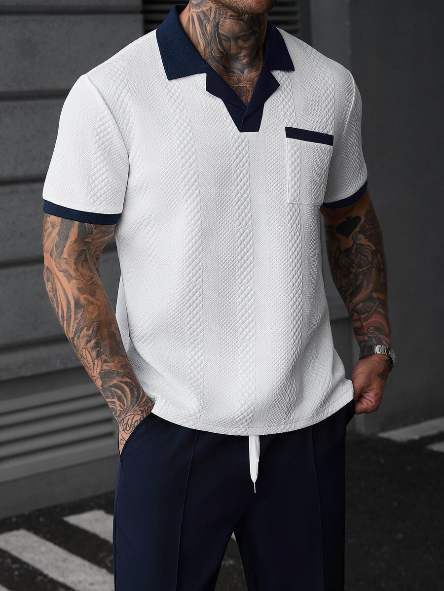 SLATEMANN Men's Short Sleeve Colorblock Polo Shirt And Long Pants Set - White - View 1