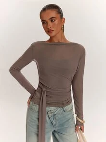 SHEIN BAE 2PCS Women Solid Tie Waist Long Sleeve Tops - Coffee Brown - View 7