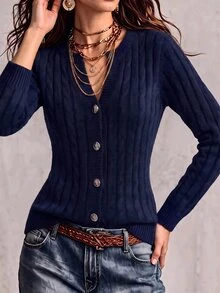 SHEIN Women's Solid Color Notched V-Neck Single-Breasted Long Sleeve Fashion Cardigan Top - Royal Blue - View 3