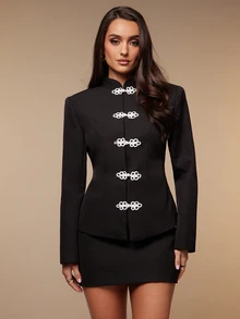 Silquee Women's Solid Color Suit Set With Qipao Button Decor And Skirt, Suitable For Daily Wear, Gatherings, Outdoor Activities, Commuting - Black - View 6