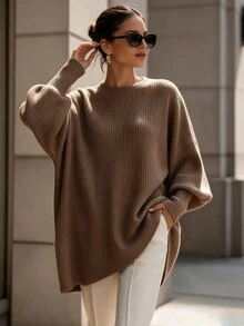 SHEIN Holidaya 法式設計靈感仿毛衣針織羅紋不對稱通勤內搭百搭外套優雅時尚休閒女款T恤 - 棕色 - 查看 3