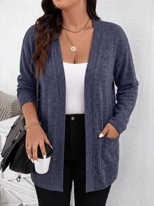 SHEIN LUNE Plus Size Fashion Vintage Pocket Long Sleeve Knit Cardigan - Blue - View 3