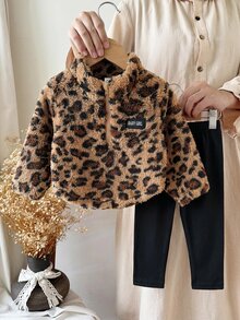 SHEIN Vintaside Kids 2件組女嬰時尚豹紋毛絨半拉鍊長袖抓絨上衣與褲子套裝，日常返校穿著，秋冬服飾 - 彩色 - 查看 4