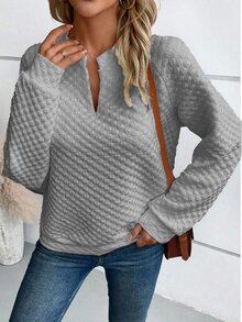SHEIN LUNE 女款V領插肩袖長袖休閒寬鬆衛衣 - 灰色 - 查看 3
