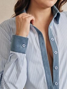 Anewsta Spring Summer Blue & White Striped Denim Patchwork Collared Casual Daily Commute Campus Plus Size Women's Shirt - Blue - View 1
