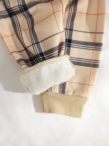 SHEIN 新生兒兩件式抓絨衛衣，休閒針織可愛小熊印花圓領長袖上衣+格子褲，百搭套裝 - 卡其色 - 查看 5