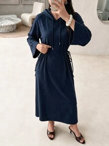 Rue Lumi Women's Solid Color Drop Shoulder Long Sleeve Casual Drawstring Hooded Sweatshirt Midi Dress - Blue - View 3