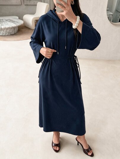 Rue Lumi Women's Solid Color Drop Shoulder Long Sleeve Casual Drawstring Hooded Sweatshirt Midi Dress