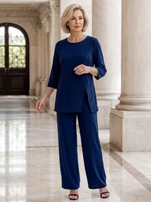 EMERY ROSE Middle-Aged And Elderly Women Solid Color Round Neck 3/4 Sleeve Top And Pants Set - Blue - View 3