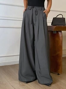 DAZY Grey High Waist Tie Pleated Loose Wide Leg Casual Versatile Commute Long Pants For Women Daily Wear - Grey - View 4