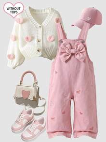 Genkimix Kids 女嬰幼兒復古可愛風牛仔吊帶褲 四季新款 粉色丹寧 3D刺繡粉紅愛心設計 寬鬆直筒版型 柔軟舒適面料 上學通勤時尚百搭戶外穿著 - 粉色 - 查看 1