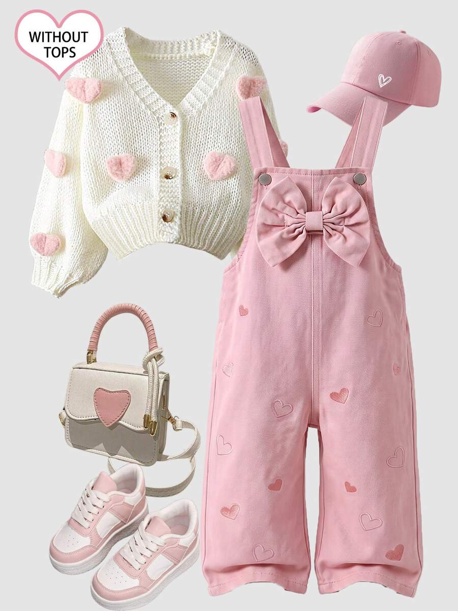 Genkimix Kids 女嬰幼兒復古可愛風牛仔吊帶褲 四季新款 粉色丹寧 3D刺繡粉紅愛心設計 寬鬆直筒版型 柔軟舒適面料 上學通勤時尚百搭戶外穿著 - 粉色 - 查看 1
