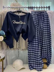SHEIN Slouchy Relaxed Style Women's Outfit Set, Asymmetrical Neckline Cold Shoulder Letter Print Long Sleeve Sweatshirt & Plaid Pants, 2pcs - Navy Blue - View 1