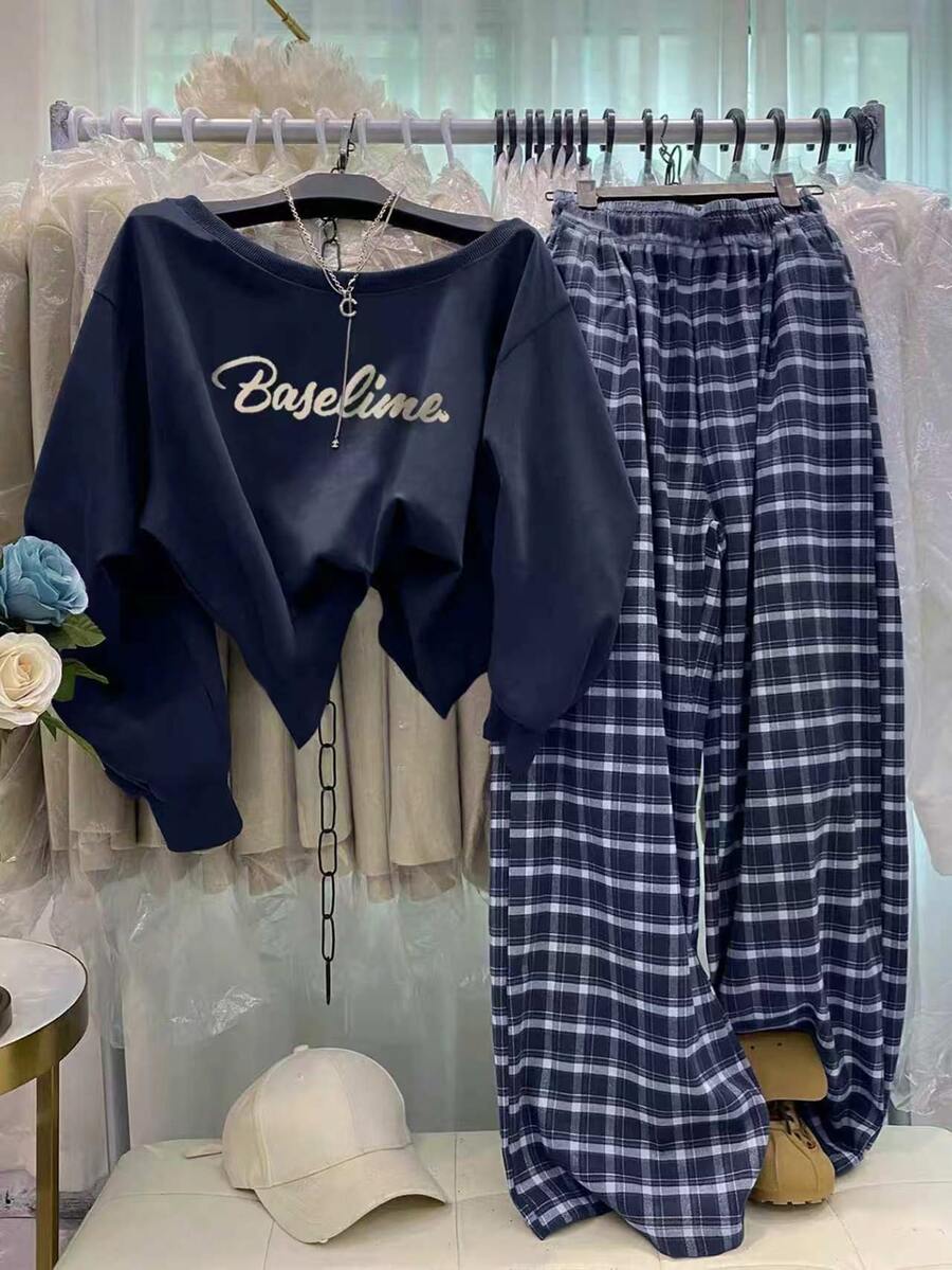 SHEIN Slouchy Relaxed Style Women's Outfit Set, Asymmetrical Neckline Cold Shoulder Letter Print Long Sleeve Sweatshirt & Plaid Pants, 2pcs - Navy Blue - View 1