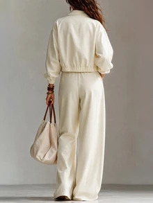 Balvessa Women's 2 Pieces Set, Women's Daily Commute Casual 2 Pieces Set, Solid Color Outfit, Jacket 2 Pieces Set, Women's Elegant 2 Pieces Set - Apricot - View 2