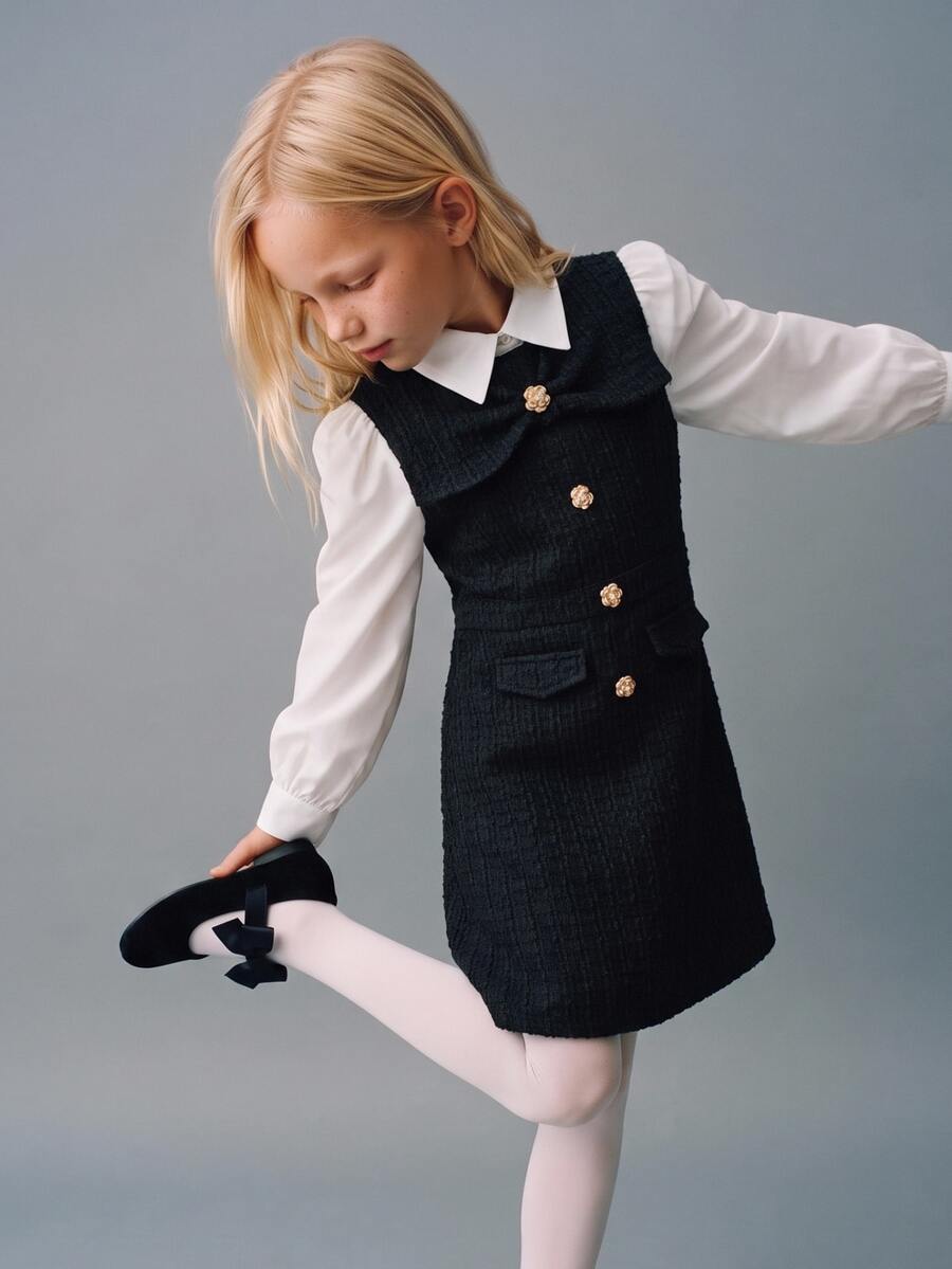 Maija Kids Maija Kids 兒童青少年女孩蝴蝶結設計拼色黑白長袖洋裝 - 黑與白 - 查看 1