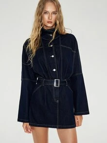ATUI Studio Gaun Denim Lengan Panjang dengan Kancing Depan dan Pinggang Ramping untuk Wanita, Model Street Style, dan Saku. - Dark Wash - View 3
