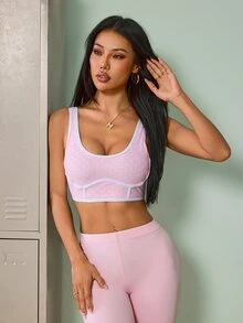 SHEIN Sovereign Charm حمالة صدر رياضية نسائية بنقاط بولكا وحواف متباينة - وردي - مشاهدة 4