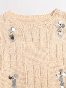 Sweetra Women's Solid Color Round Neck Long Sleeve Sequin Design Fashion Sweater - Apricot - View 3