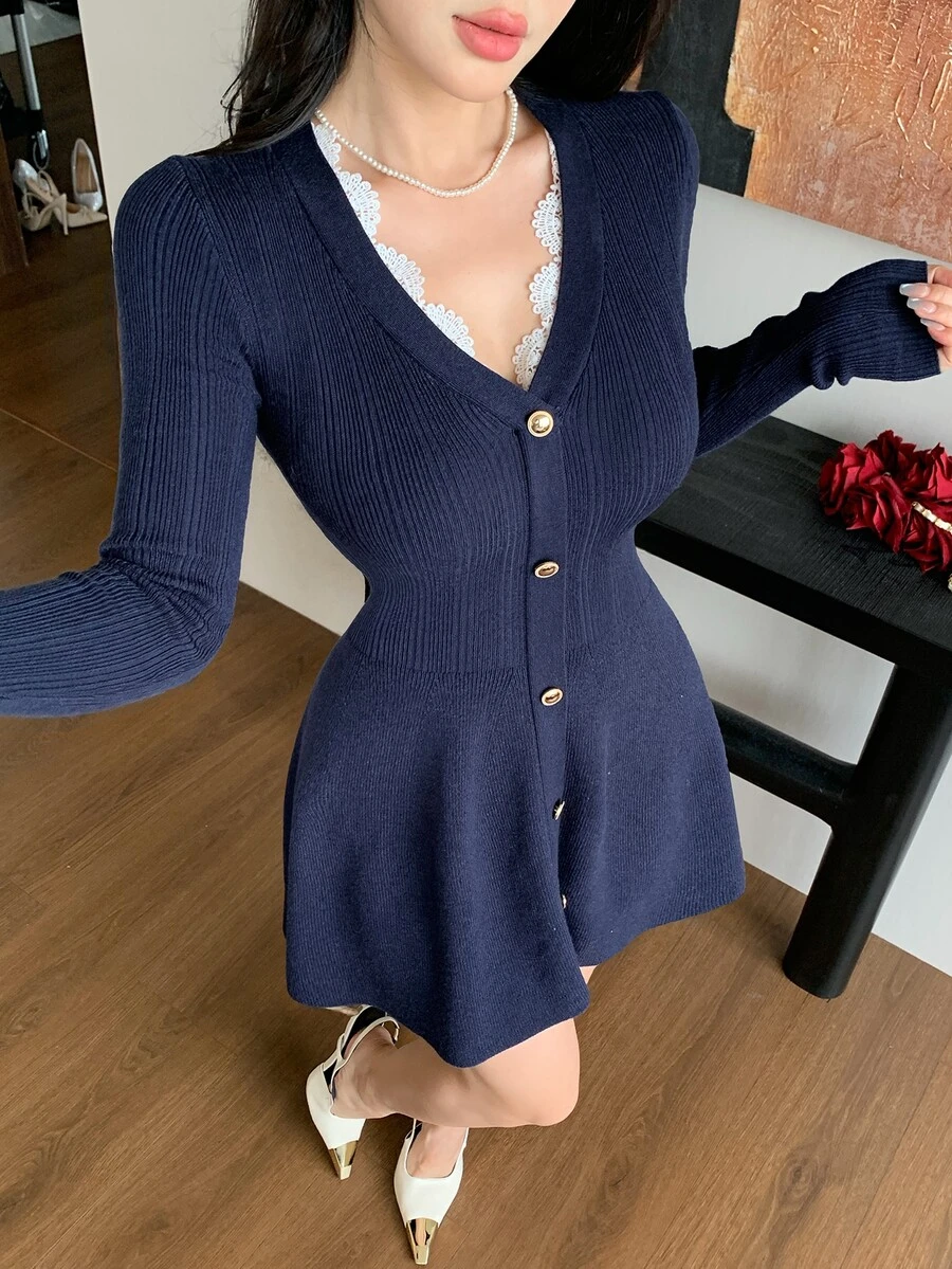 DAZY Women's Contrast Lace V-Neck Long Sleeve Single-Breasted Knit Dress - Navy Blue - View 1