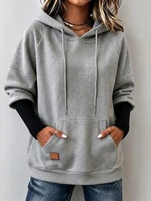 Balvessa Sweatshirt Hoodie Kasual Elegan Wanita untuk Musim Gugur dan Musim Dingin, Atasan Lengan Panjang Patchwork Bergaris Hitam, Serbaguna untuk Perjalanan Sehari-hari, Pakaian Natal & Tahun Baru - Grey - View 1