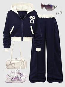 SHEIN 冬季服飾套裝，適合前青春期女孩，秋季服飾，聖誕服飾，學生校園風，白色海軍藍運動可愛款 - 彩色 - 查看 1