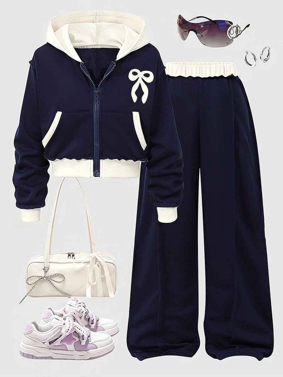 SHEIN 冬季服飾套裝,適合前青春期女孩,秋季服飾,聖誕服飾,學生校園風,白色海軍藍運動可愛款 - 彩色 - 查看 1