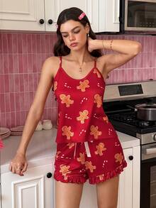 SweetSlumber طقم بيجامة كاميسول نسائي لطيف بطبعة رجل الزنجبيل وعصا الحلوى لعيد الميلاد - عنابي اللون - مشاهدة 6