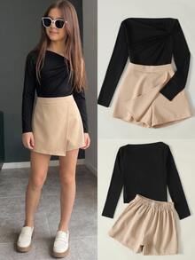 SHEIN Tween Girl Autumn/Winter Commute Elegant Korean Style Soft Comfortable Mini Set: Asymmetric Black Design Top + Front Slit High Waist Shorts Skirt - Black - View 7