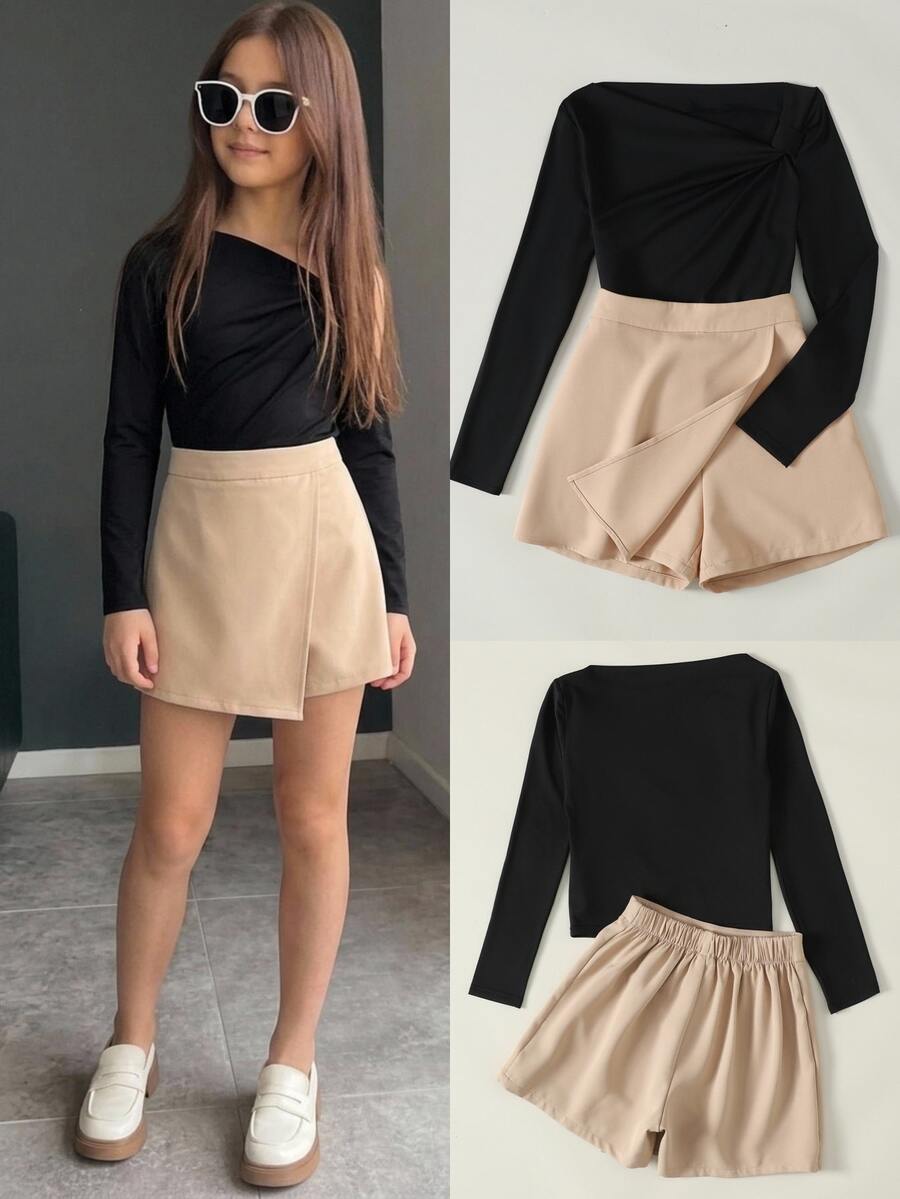 SHEIN Tween Girl Autumn/Winter Commute Elegant Korean Style Soft Comfortable Mini Set: Asymmetric Black Design Top + Front Slit High Waist Shorts Skirt - Black - View 1