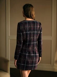 MOTF PREMIUM WOMEN'S ROUND NECK LONG SLEEVE MIXED COLOR PLAID ELEGANT SWEET SHORT JACKET - Blue - View 3