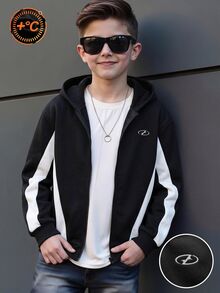 男童青少年12-16歲美式街頭風黑白拼色落肩拉鍊連帽衛衣外套，保暖抓絨內裡加厚秋冬新款，休閒運動校園日常穿搭 - 黑色 - 查看 4