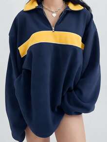 Lumivelle Plus Size Women's Colorblock Zipper Design Fleece Pullover Sweatshirt - Blue - View 1
