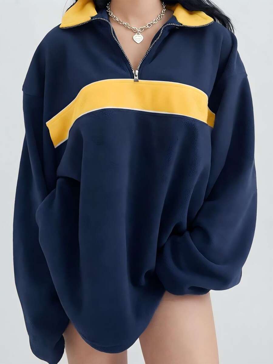 Lumivelle Plus Size Women's Colorblock Zipper Design Fleece Pullover Sweatshirt - Blue - View 1