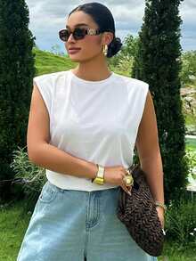 Dazy Plus Solid Color Casual Round Neck Sleeveless Blogger Style Versatile Plus Size Women Spring Summer Brown T-Shirt - White - View 4