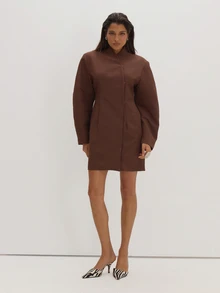 MUSEYN Gaun Blazer Oversized Berstruktur Kepompong Tenun Cokelat, Elegan untuk Kencan Malam, Chic, Musim Gugur - Coklat - View 3