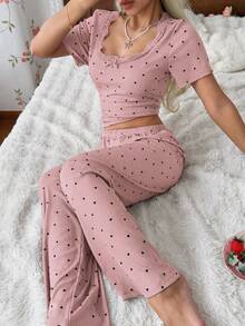 CottageSlumber Women's Ribbed Knit Pajama Set With Heart Print, Lace Trim Neckline, Sweet Fashion Casual Style, Large Scoop Neck Short Sleeve Long Pants, Suitable For All Seasons And Outdoor Wear - Dusty Pink - View 8