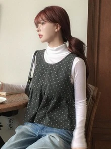 DAZY Floral Loose Patchwork Hem Round Neck Sleeveless Woolen Top Casual Vacation Korean Style Girl Spring Autumn Women Vest - Grey - View 5