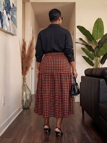Slaydiva Plus Size Plaid High Slit Asymmetrical Pleated Midi Skirt - Orange - View 3