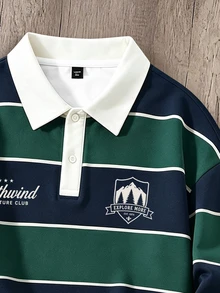Manfinity Joysei Men's Casual College Striped Print Polo Collar Pullover Sweatshirt - Green - View 3