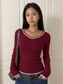 SHEIN 青少年女孩極簡純色V領長袖套頭毛衣，休閒日常穿著，秋冬長袖上衣，學院風V領長袖毛衣，復古V領毛衣，返校穿搭 - 酒紅色 - 查看 3