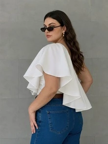 Anewsta Plus Size Women's New Summer Casual Asymmetrical Shoulder Blouse Asymmetric Ruffle Hem Solid Color Elegant Top Suitable For Daily Wear Vacation Commute - White - View 2