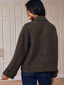Écloséra Vintage Classic Houndstooth Pattern Dark Plaid Overcoat Loose Drop Shoulder Lapel Double Breasted Design Oversized Silhouette British Academy Style French Slouchy Chic Daily Commute Weekend Date Top Wool Overcoat Jacket - Brown - View 4